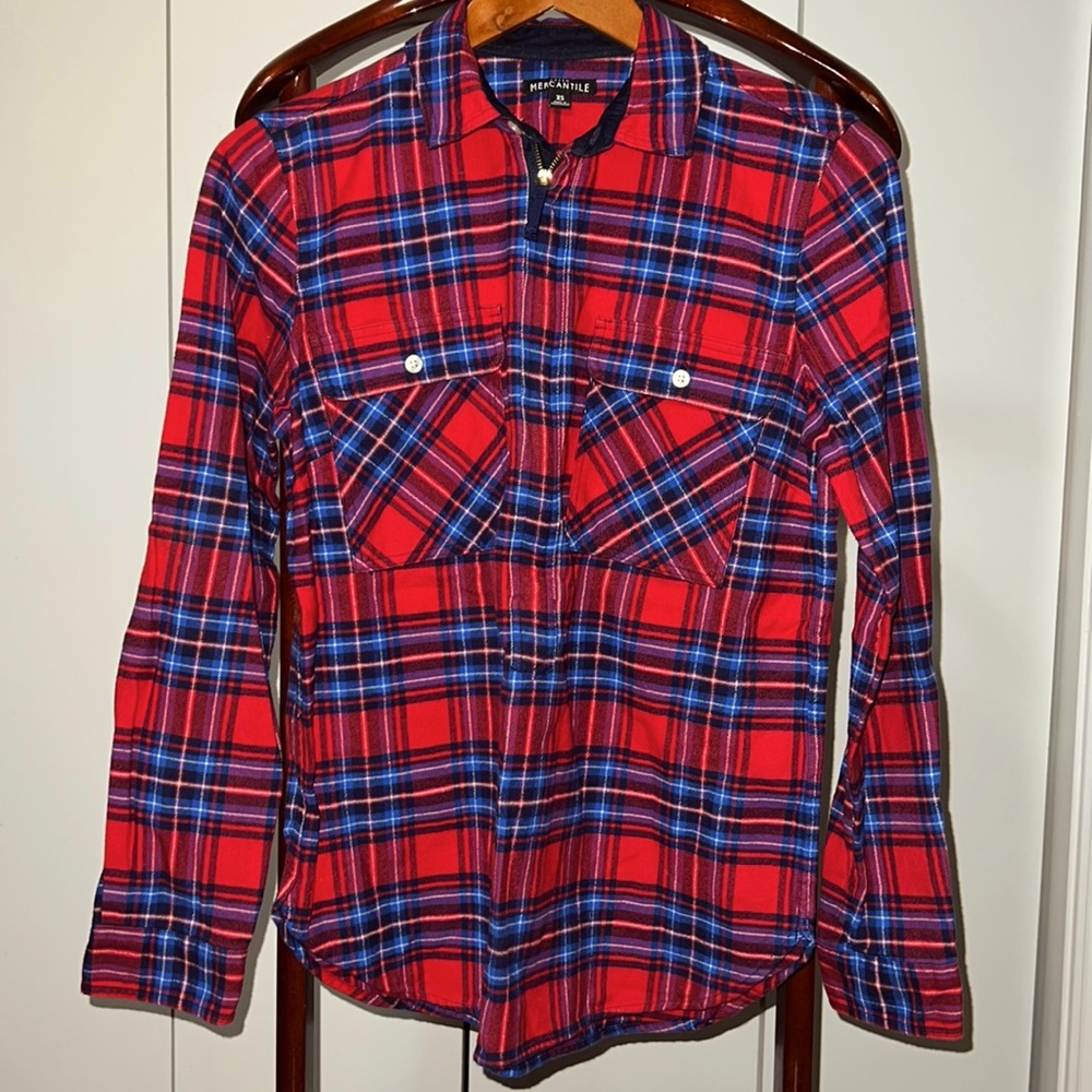 J. Crew Mercantile 100% Cotton Half Zip Front Plaid Flannel Shirt Pullover Sz XS